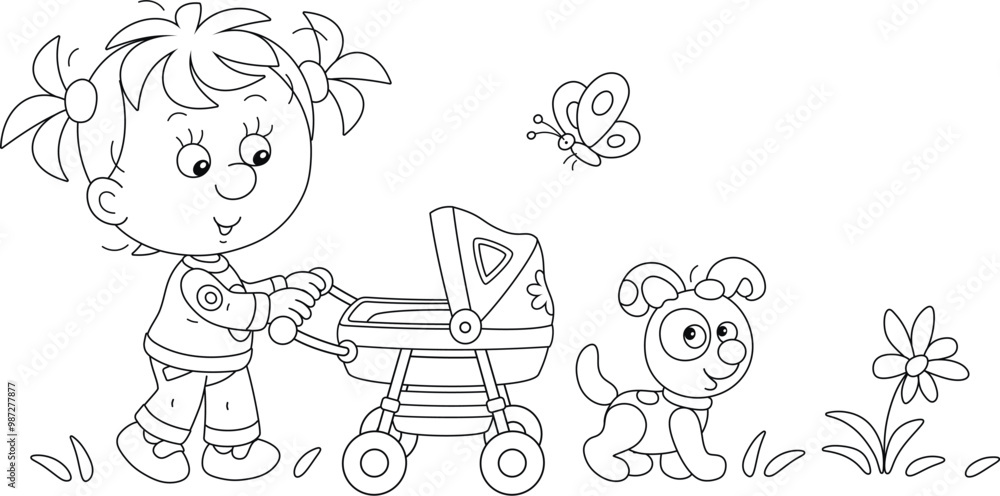 Little girl walking and playing with her toy baby stroller and a funny small puppy, black and white outline vector cartoon illustration for a coloring book Little girl walking and playing with her toy baby stroller and a funny small puppy, black and white outline vector cartoon illustration for a coloring book