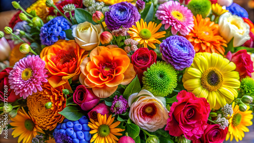 A vibrant bouquet of fresh flowers in a variety of colors and textures, floral arrangement, beautiful