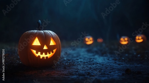 Spooky Halloween Pumpkins Glowing at Night