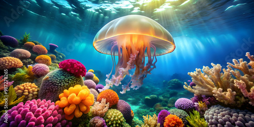 Fototapeta Naklejka Na Ścianę i Meble -  Giant tropical jellyfish gracefully floating underwater amidst a bright and colorful coral reef, tropical, jellyfish