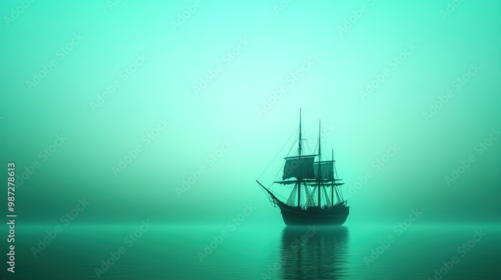 Ship Silhouette in Misty Green Waters at Dawn Ship Silhouette in Misty Green Waters at Dawn