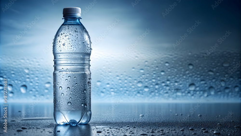 Clear plastic bottle of refreshing bottled water with droplets on the surface, hydration, drink, purified,plastic, clear Clear plastic bottle of refreshing bottled water with droplets on the surface, hydration, drink, purified,plastic, clear