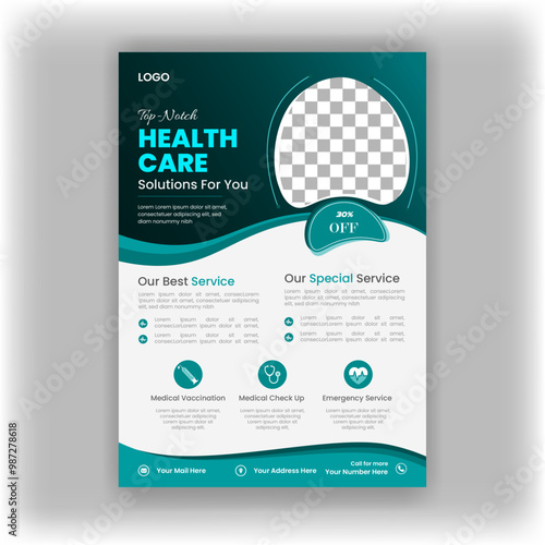 Healthcare and medical flyer design template, A4 flyer design template, healthcare and medical flyer or poster design layout, template design for print.