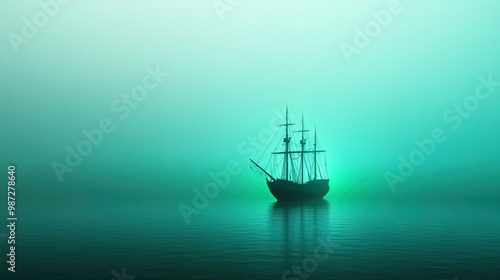 Mysterious Ship Silhouette in Foggy Water Landscape