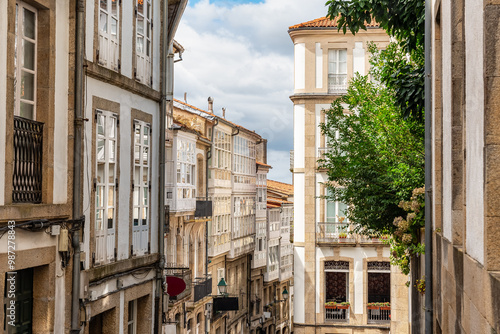 Picturesque buildings in the narrow alleys of the historic center of Santiago de Compostela, Galicia.