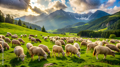 Flock of sheep grazing on green grass in a mountain meadow, sheep, flock, grazing, green grass, mountain, meadow, agriculture