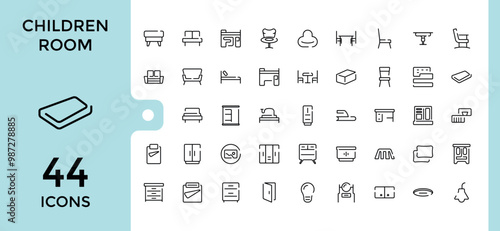 children's room icons collection, baby room icon set, kids vector, cradle, baby bed, changing table, swaddle wrap, bunk bed, book and more. Thin outline icons pack. Vector illustration