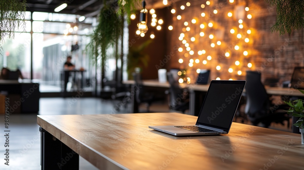 Modern Workspace with Laptop and Creative Lighting Modern Workspace with Laptop and Creative Lighting