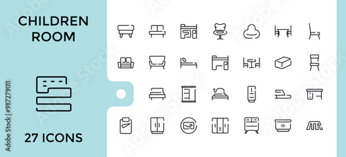 children's room icons collection, baby room icon set, kids vector, cradle, baby bed, changing table, swaddle wrap, bunk bed, book and more. Thin outline icons pack. Vector illustration
