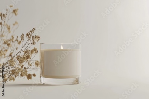 Wallpaper Mural aesthetic photo of candle in glass with blank label mockup on light background with dried flowers   Torontodigital.ca