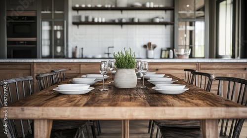 Rustic dining table with mismatched chairs in a farmhouse-style kitchen