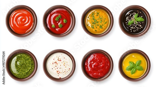 Set of different dip sauces top view. Bowls of many dipping sauces isolated on white background. pesto, ketchup, bbq sauce, mustard, marinara sauce, ranch, romesco, soy sauce. Different sauces set,