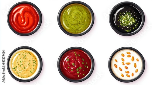 Set of different dip sauces top view. Bowls of many dipping sauces isolated on white background. pesto, ketchup, bbq sauce, mustard, marinara sauce, ranch, romesco, soy sauce. Different sauces set,