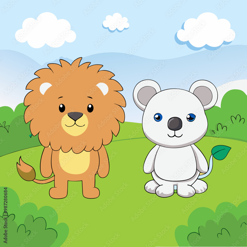 Flat Cartoon Koala and Lion in Nature Scene