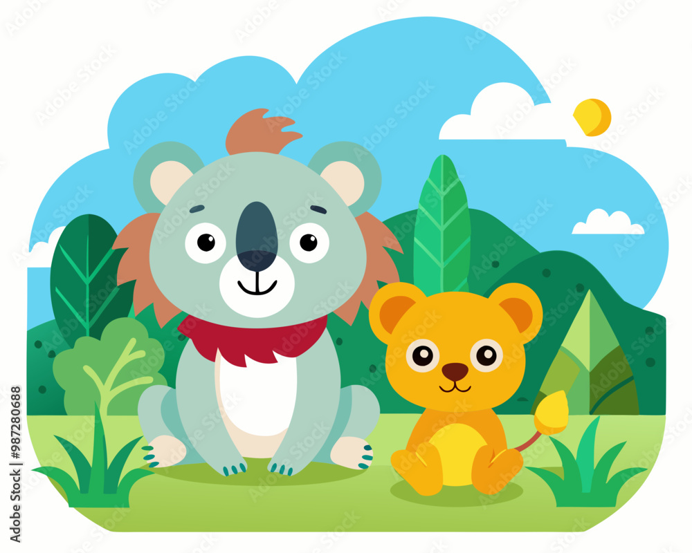 Flat Cartoon Koala and Lion in Nature Scene Flat Cartoon Koala and Lion in Nature Scene