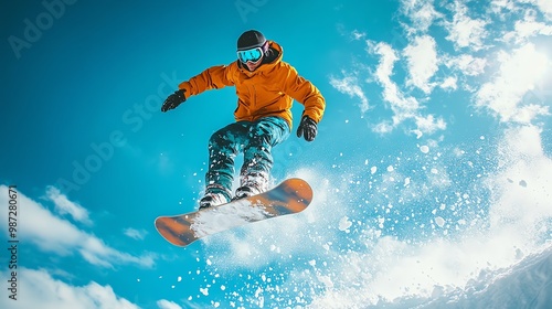 A snowboarder jumps high in the air on a sunny winter day.