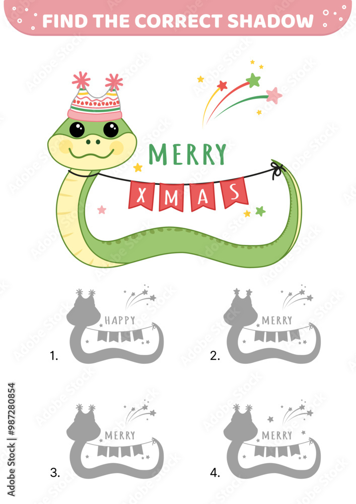 Find the correct shadow. Snake is congratulating Merry Christmas. Cartoon, vector Find the correct shadow. Snake is congratulating Merry Christmas. Cartoon, vector