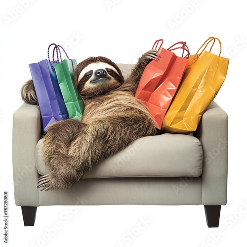A sloth lying on a couch surrounded by Black Friday shopping bags, sleepy and relaxed, isolated on white background