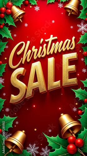 A vibrant Christmas sale banner showcases bold text in sparkling gold against a red background, surrounded by festive decorations, inviting holiday shoppers