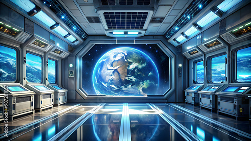 Fototapeta Naklejka Na Ścianę i Meble -  Futuristic space station interior with holographic displays and earth view window