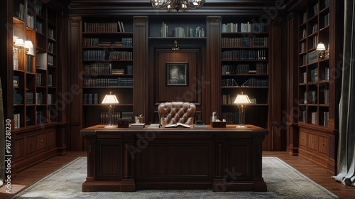 Sophisticated study room with a rich wood desk and classic bookshelves,