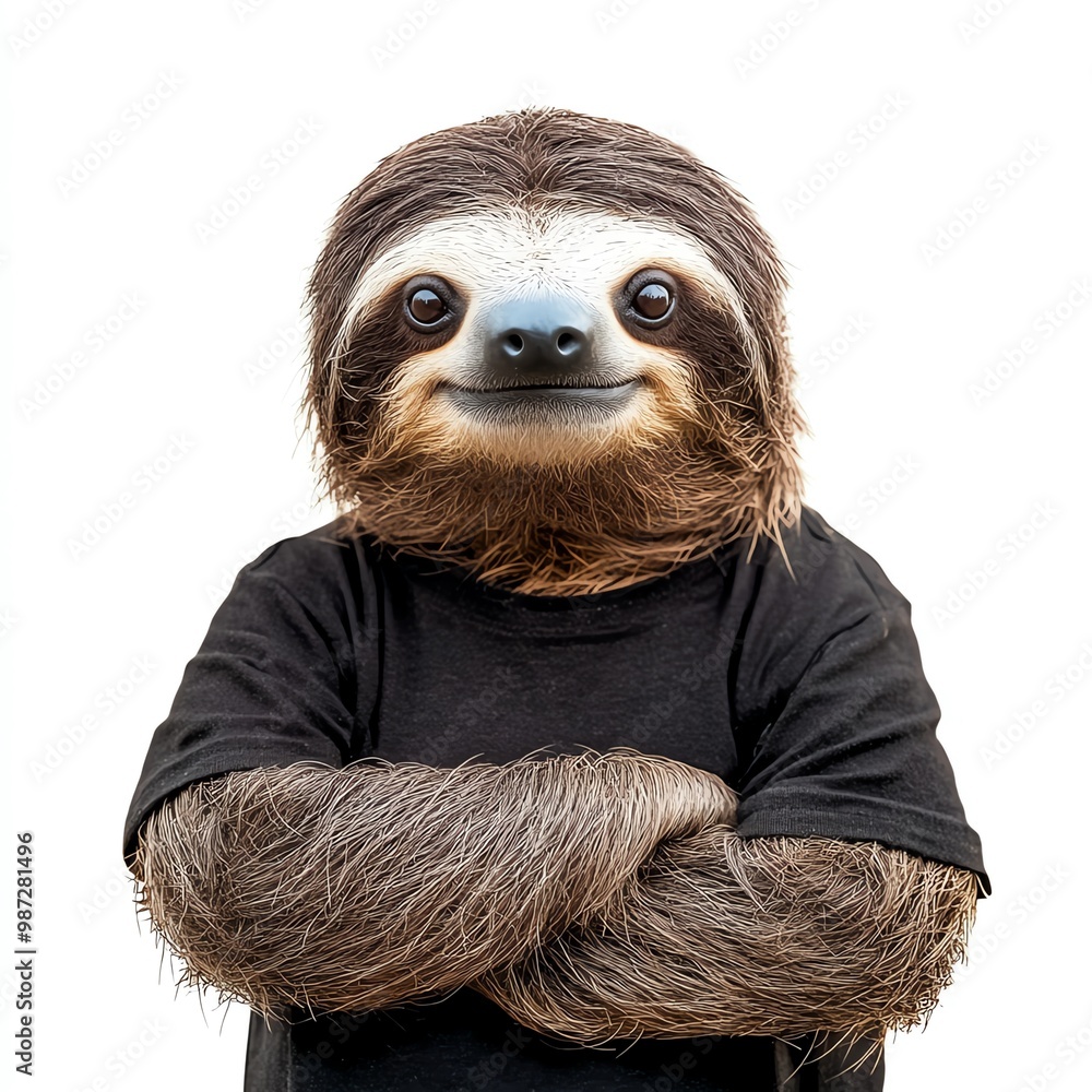 Fototapeta premium A sloth wearing a Black Friday Shopper t-shirt, cozy and cute, isolated on white background