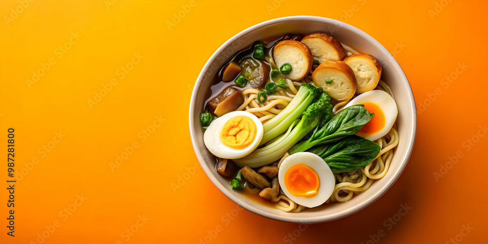 Ramen noodle soup with eggs, mushrooms, pak choi in hard light on orange , ramen, noodle soup, eggs, mushrooms, pak choi Ramen noodle soup with eggs, mushrooms, pak choi in hard light on orange , ramen, noodle soup, eggs, mushrooms, pak choi