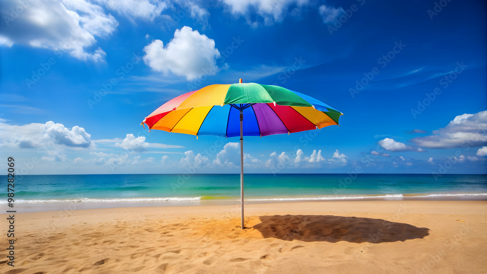 Beach umbrella in vibrant colors providing shade on a hot summer day, beach, summer, umbrella, sun, vacation, relaxation Beach umbrella in vibrant colors providing shade on a hot summer day, beach, summer, umbrella, sun, vacation, relaxation