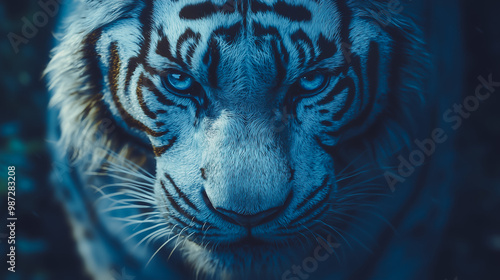 A cinematic close-up shot of a white tiger in a dense jungle, with soft lighting illuminating its piercing eyes and majestic fur in the shadows.