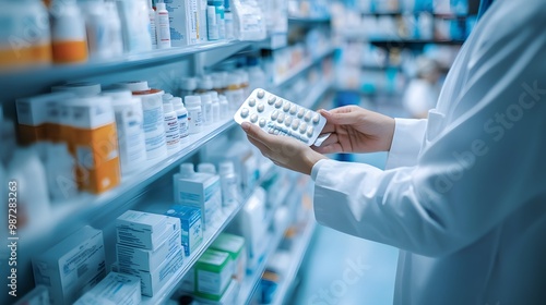 The photo shows the hand of an employee in a white medical uniform holding and examining medicine on shelves, which are located next to them