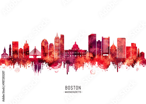 Boston Massachusetts Skyline Red