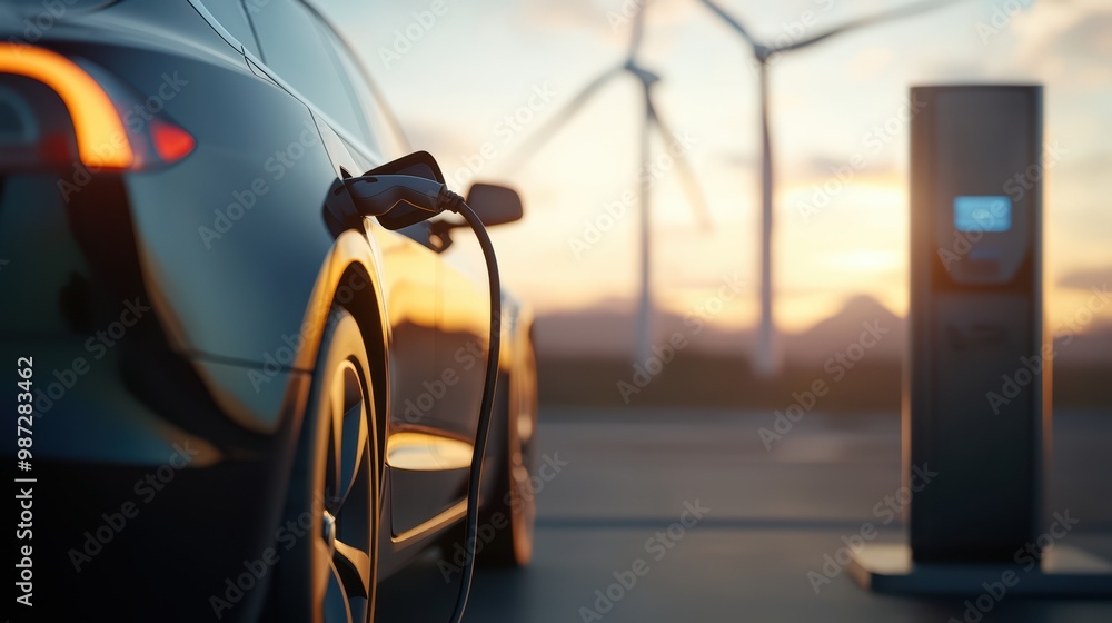 Electric Car Charging at Station with Wind Turbines in Background During Sunset Electric Car Charging at Station with Wind Turbines in Background During Sunset