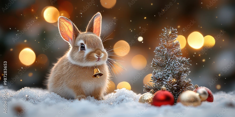 A charming rabbit with a bell beside a decorated tree in a snowy, festive winter wonderland A charming rabbit with a bell beside a decorated tree in a snowy, festive winter wonderland