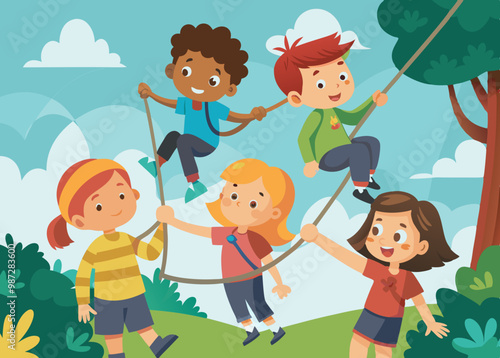 Many kids climbing up the rope stock illustration