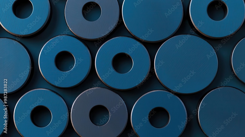 Rows of perfectly machined metal washers, creating a geometric pattern in a closeup industrial setting, emphasizing uniformity, 3D illustration Rows of perfectly machined metal washers, creating a geometric pattern in a closeup industrial setting, emphasizing uniformity, 3D illustration