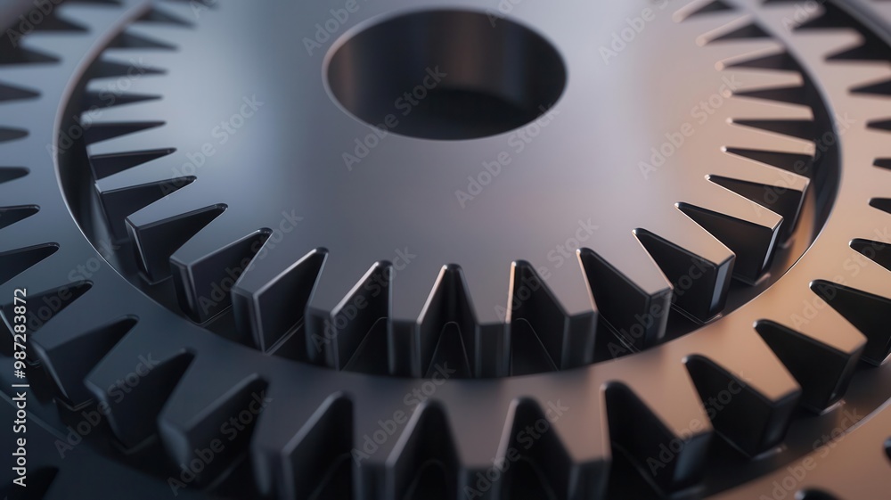 Closeup of a machine s cogwheel with sharp, triangular teeth forming a repeating geometric pattern, emphasizing precision, 3D illustration Closeup of a machine s cogwheel with sharp, triangular teeth forming a repeating geometric pattern, emphasizing precision, 3D illustration