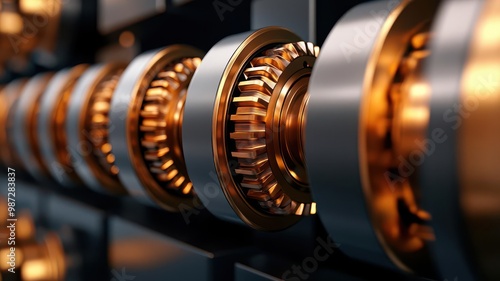 Closeup of a machine s camshaft, with circular lobes arranged in a repeating geometric pattern, highlighting mechanical movement, 3D illustration photo