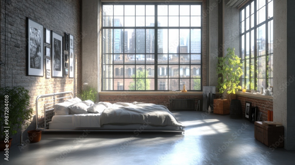 A minimalist loft with an open floor plan, large windows, and a simple metal-framed bed A minimalist loft with an open floor plan, large windows, and a simple metal-framed bed