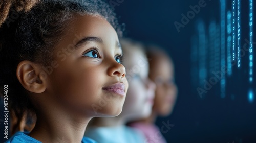 Curious Girl Learning with Digital Screen Background