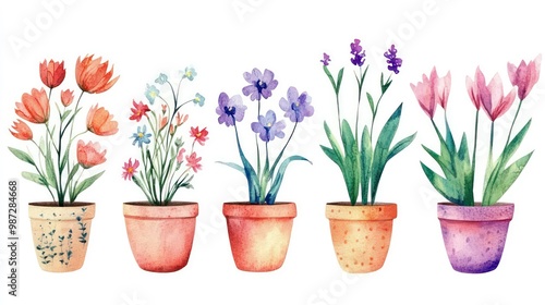 Fototapeta Naklejka Na Ścianę i Meble -  Five watercolor painted potted plants with various flowers on a white background.