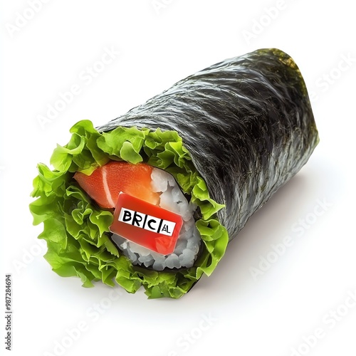 A sushi hand roll with a Black Friday sale sticker on the seaweed, playful and delicious, isolated on white background photo