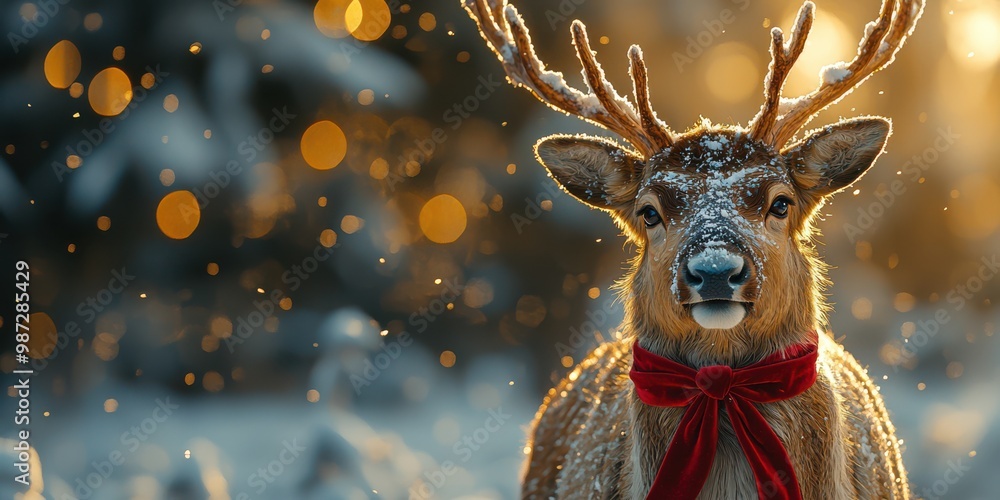 A majestic reindeer adorned with a bright red ribbon pauses in a snowy winter wonderland at sunset A majestic reindeer adorned with a bright red ribbon pauses in a snowy winter wonderland at sunset