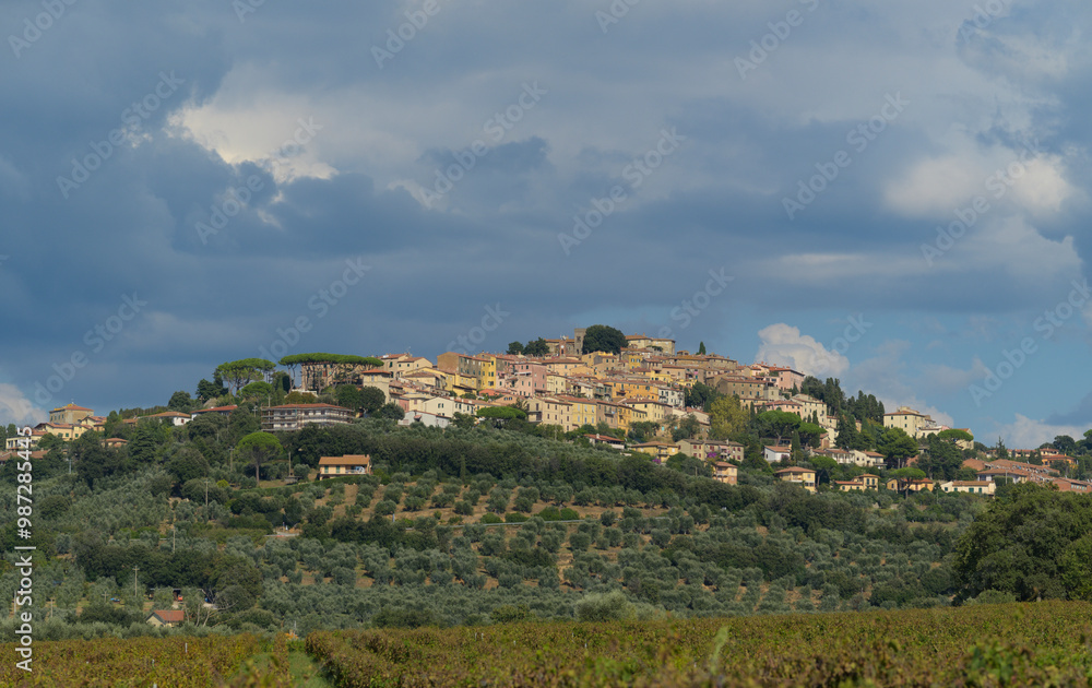 Fototapeta premium Panoramic view of Castagneto Carducci, charming village overlooking the Etruscan Coast, Livorno, Italy