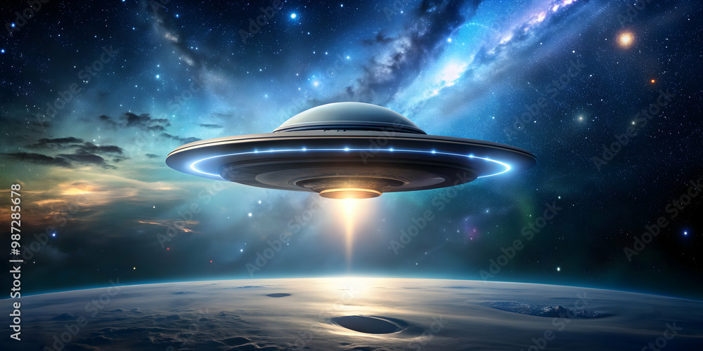 A UFO exploring the vastness of space , UFO, alien spacecraft, outer space, exploration A UFO exploring the vastness of space , UFO, alien spacecraft, outer space, exploration