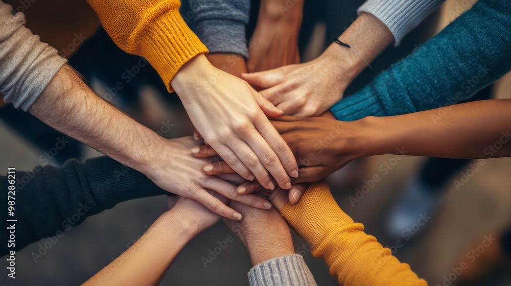 A group of diverse hands stacked on top of each other in a gesture of unity and teamwork. A group of diverse hands stacked on top of each other in a gesture of unity and teamwork.