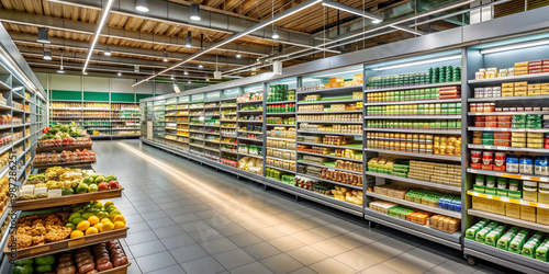 German supermarket chain subsidiary REWE in Hannover, Germany interior view with shelves of products, REWE, subsidiary