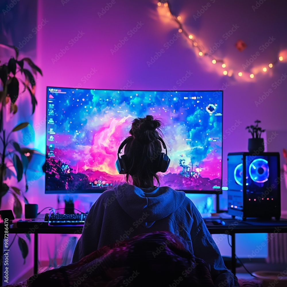 Fototapeta premium A gaming setup with relaxing ambient lighting, where someone is playing a game designed to promote mindfulness and stress relief.