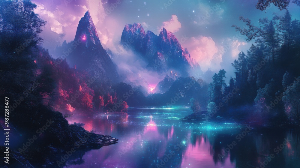 Fototapeta premium Surreal abstract landscape with glowing forests, crystal lakes, and floating mountains, blending elements of nature and fantasy into a magical world.