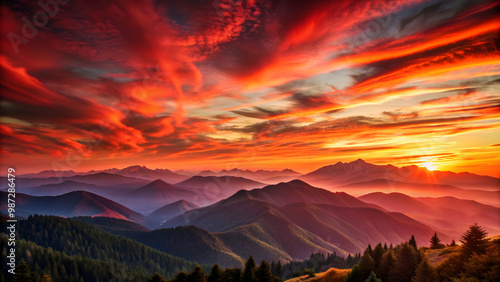 Stunning mountain vistas under a red sky with a scarlet horizon, mountains, red sky, horizon, breathtaking, scenic, landscape