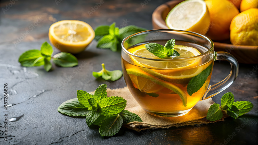 Refreshing tea infused with zesty lemon and fresh mint leaves, beverage, drink, herbal, citrus, sliced, garnish, healthy, organic Refreshing tea infused with zesty lemon and fresh mint leaves, beverage, drink, herbal, citrus, sliced, garnish, healthy, organic
